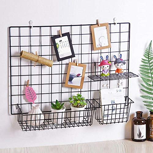 PIKIFY DIY Steel Grid Photo Frame for Wall Clip Holder Photo Frame,Multi Functional Creative Mesh Wall Grid-{Package: 1xFrame with 2xBaskets and 1xTray} 45X65cm-[Made in India] - PIKIFY